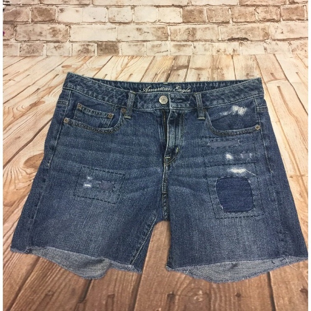 AMERICAN EAGLE 6 Jean Shorts Cut Off Patches Denim Med Wash Distressed